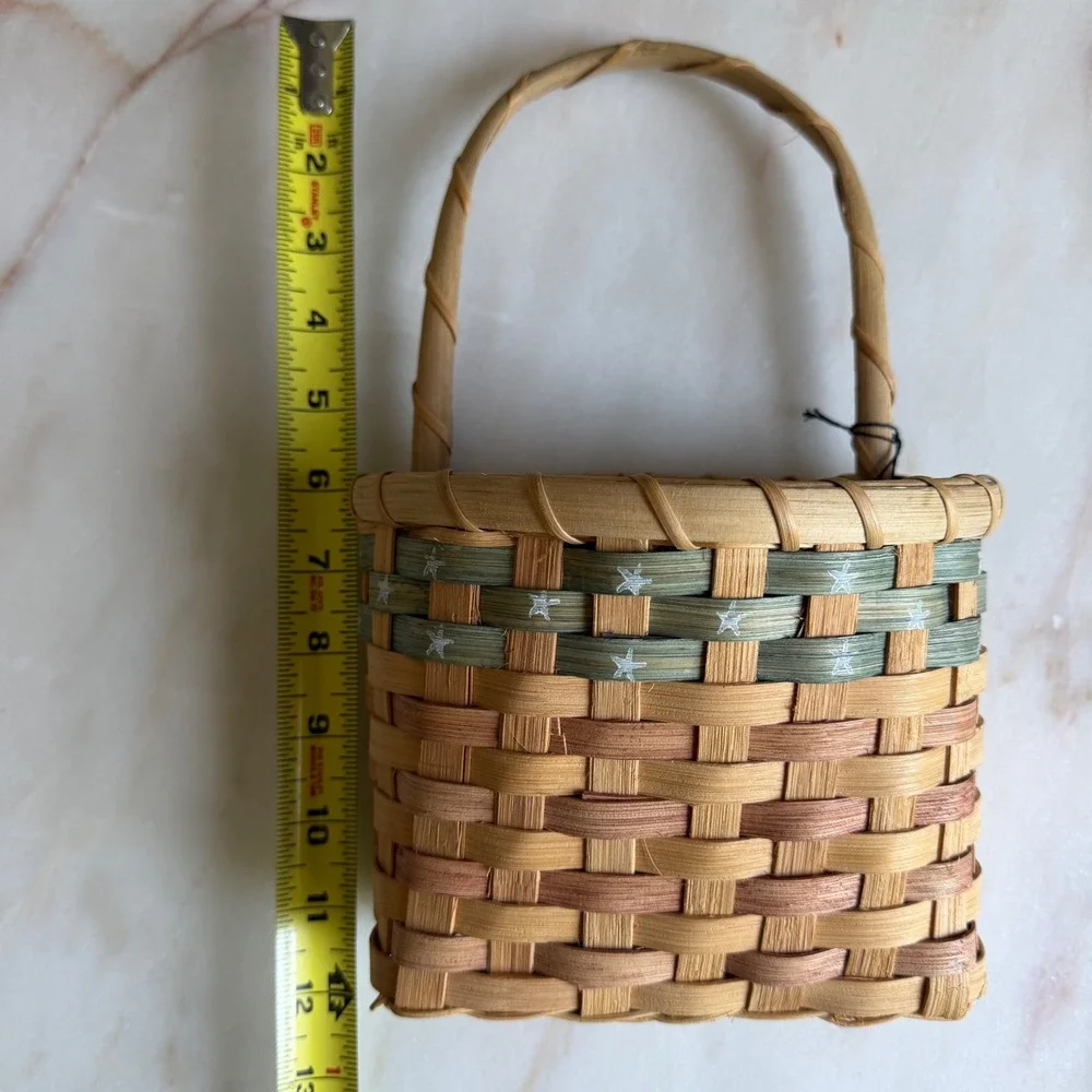 Handmade Woven Splint Wall Basket Americana Patriotic Stars Flag Decor Hanging